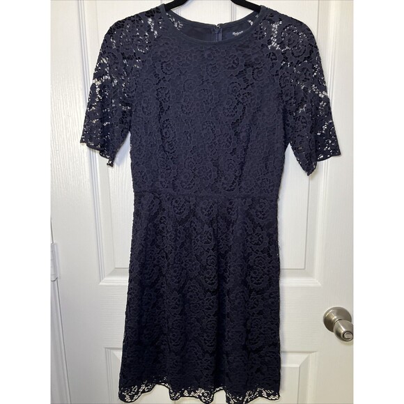 Madewell Dress Lace Overlay Size 0 Short Sleeve Navy Blue Magnolia Sheath - Picture 1 of 10
